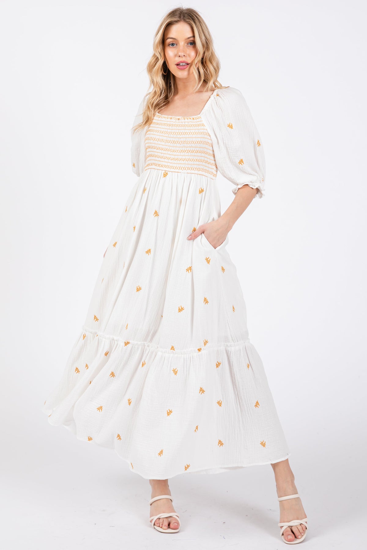Ivory Gauze Smocked Embroidered Square Neck Maternity Midi Dress by PinkBlush (view 5 of 5)