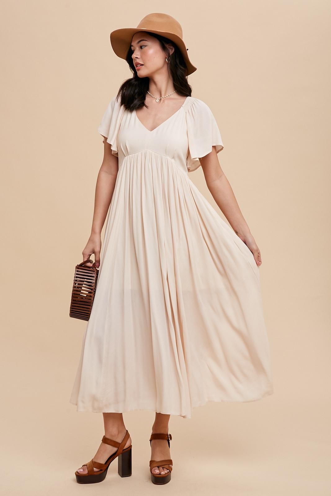 V-Neck Flutter Short Sleeve Maternity Midi Dress by PinkBlush