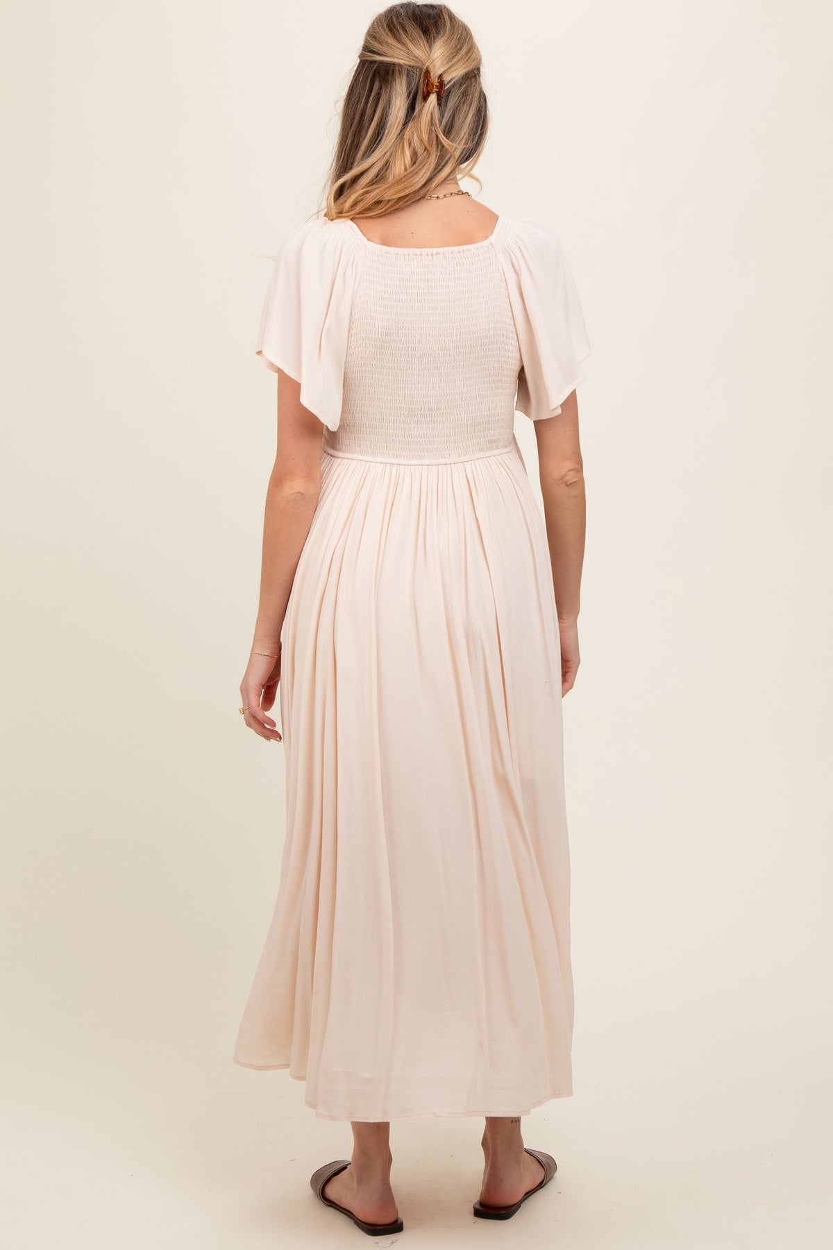 V-Neck Flutter Short Sleeve Maternity Midi Dress by PinkBlush