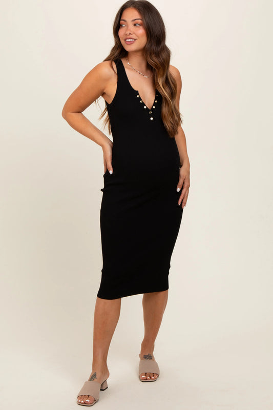 Black Ribbed Fitted Sleeveless Snap Button Maternity Dress PinkBlush