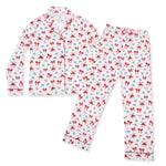 Adult long sleeve coat-style pajama top and pants in a bows and candy canes print with contrast piping