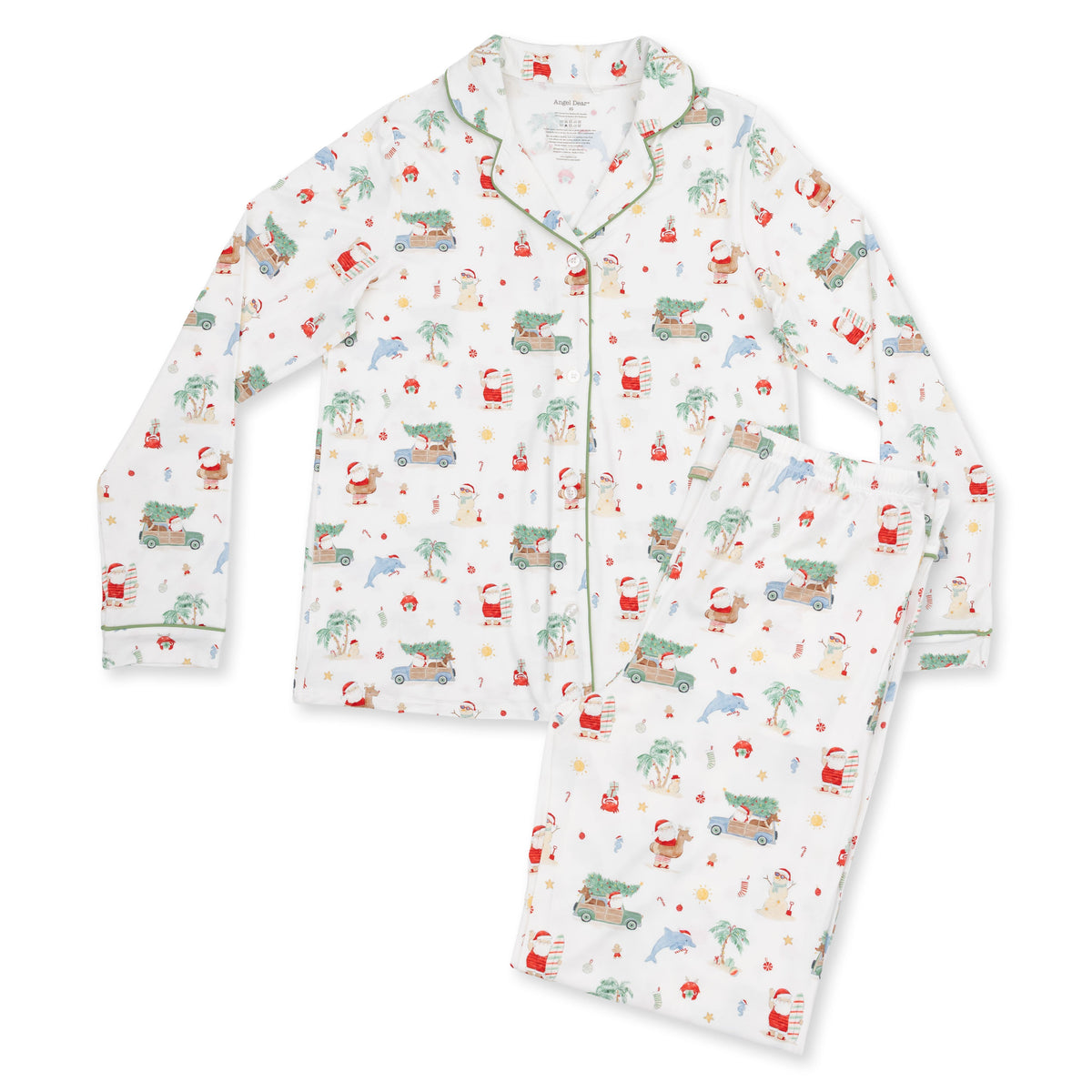 Adult long sleeve coat-style pajama top and matching pants with pockets in a beach Christmas print