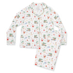 Adult long sleeve coat-style pajama top and matching pants with pockets in a beach Christmas print