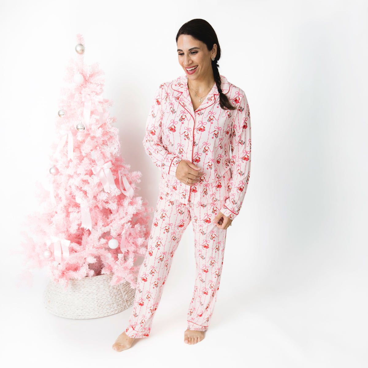 Bows & Santa - Adult Long Sleeve Coat Style and Pant with Pockets
