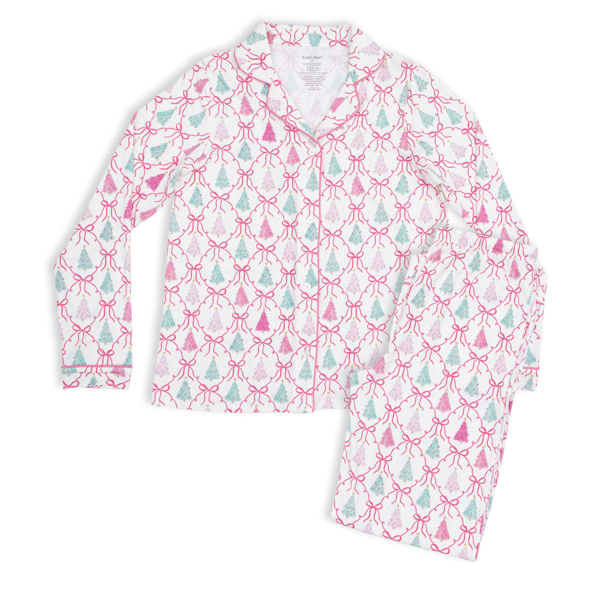 Adult long sleeve coat-style pajama top and matching pants in a bow and trellis tree print with contrast piping