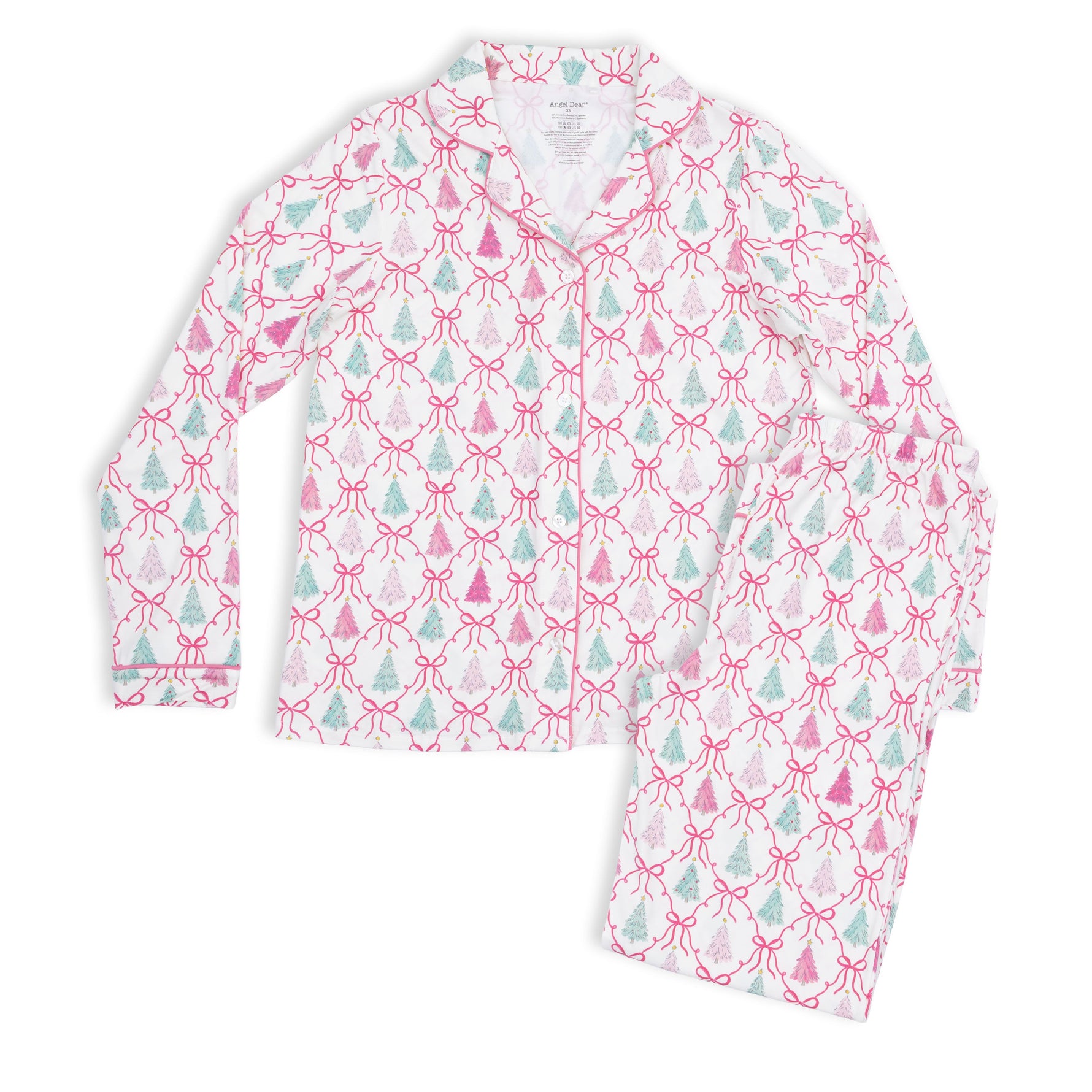 Adult long sleeve coat-style pajama top and matching pants in a bow and trellis tree print with contrast piping