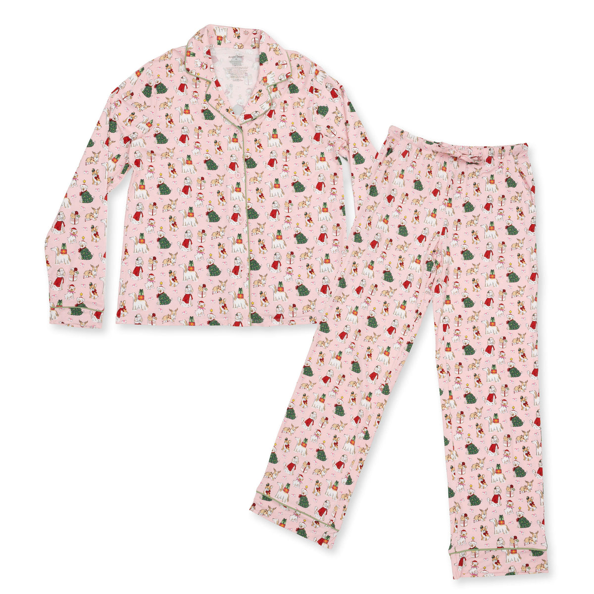 Adult long sleeve coat-style pajama top and pants in pink Christmas dogs print with contrast piping