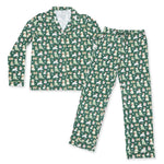 Adult long sleeve coat-style pajama top and pants in a Christmas dogs print with contrast piping