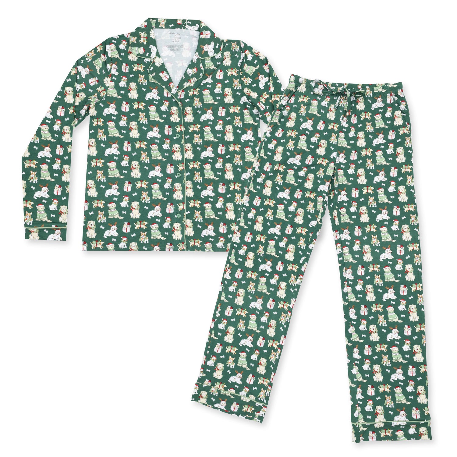 Adult long sleeve coat-style pajama top and pants in a Christmas dogs print with contrast piping