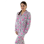 Adult long sleeve coat-style pajama top and pants in cabbage rose stripe with contrast piping and drawstring waist