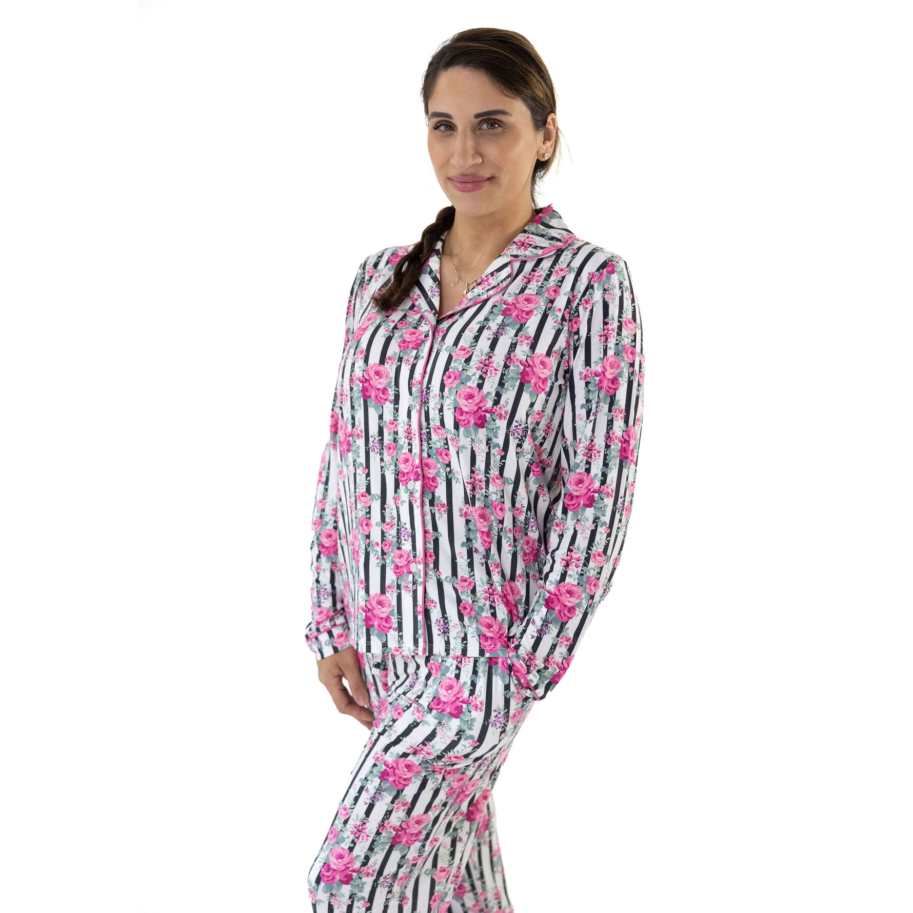Adult long sleeve coat-style pajama top and pants in cabbage rose stripe with contrast piping and drawstring waist