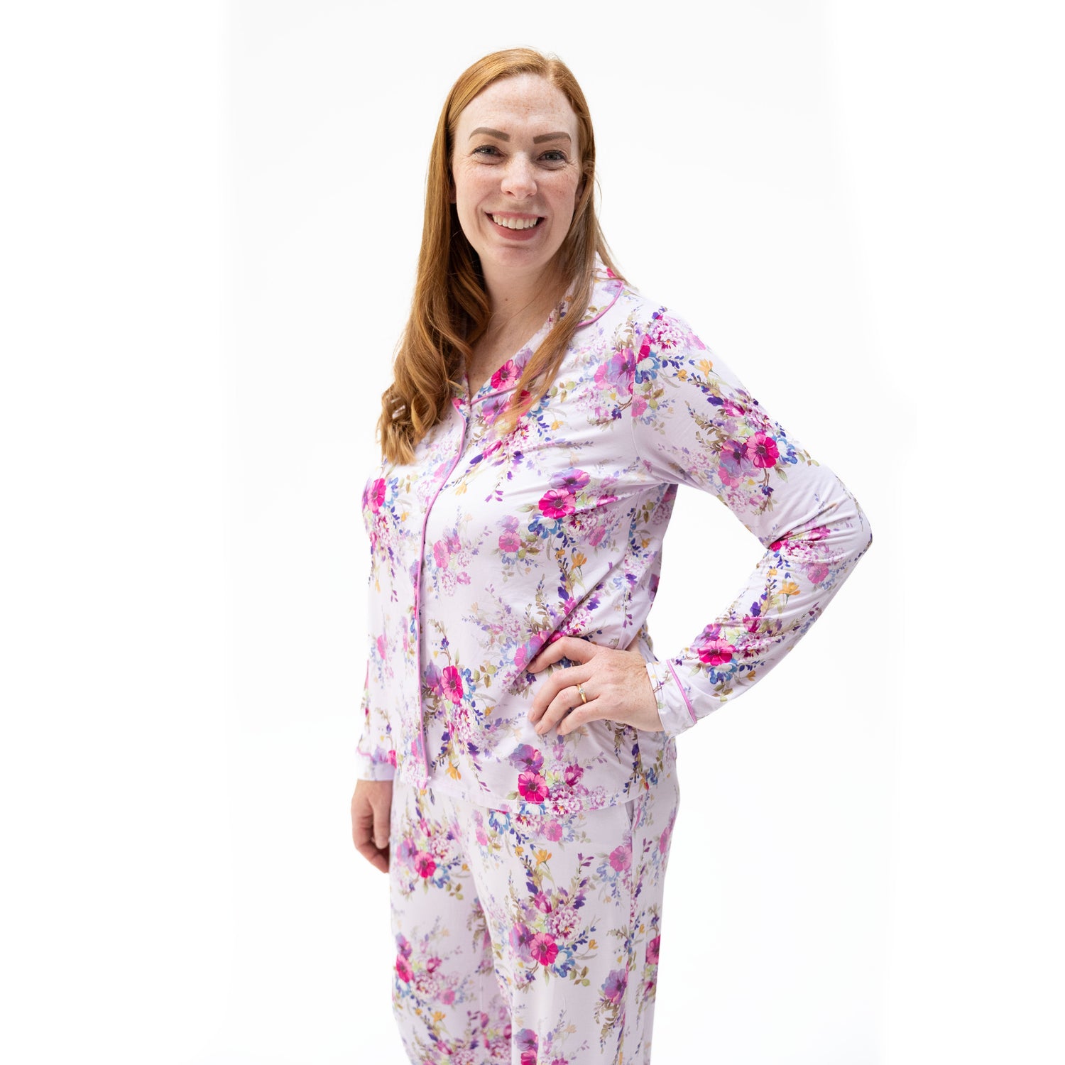 Dahlia floral coat-style pajama set with long sleeve top and matching pants with pockets and piping