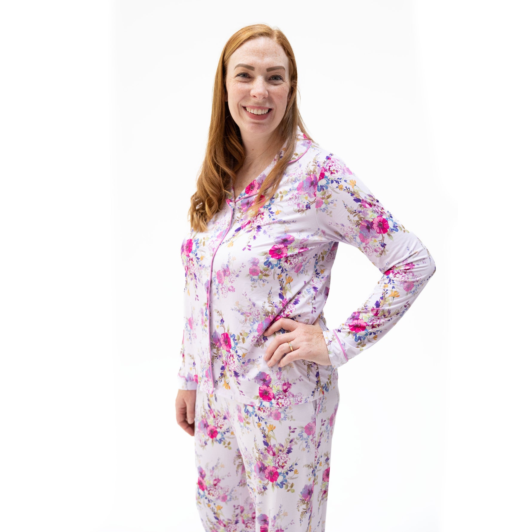 Dahlia floral coat-style pajama set with long sleeve top and matching pants with pockets and piping