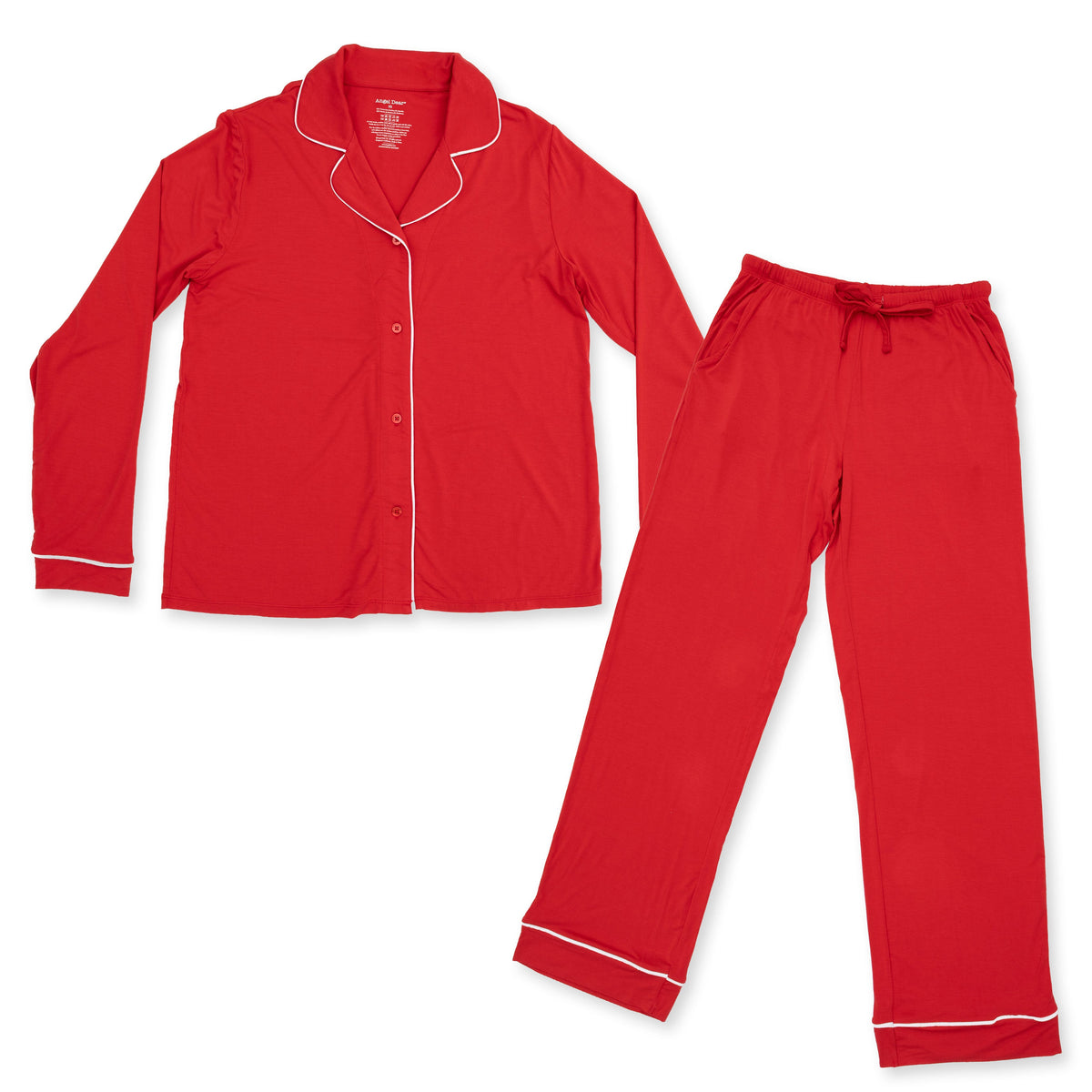 Adult long sleeve coat-style pajama top and pants in red ribbon print with contrast piping