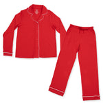 Adult long sleeve coat-style pajama top and pants in red ribbon print with contrast piping