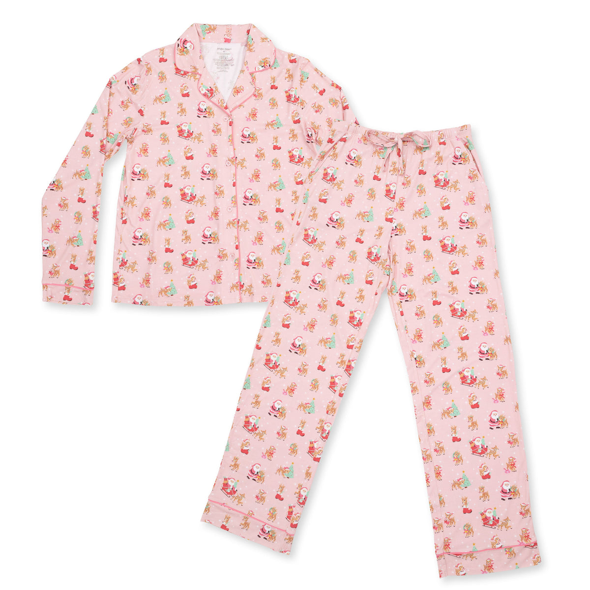 Adult long sleeve coat-style pajama top and pants in pink vintage reindeer and Santa print with contrast piping