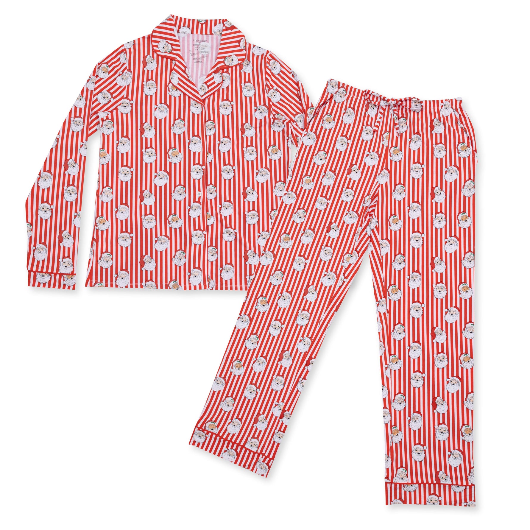 Adult long sleeve coat-style pajama top and pants in vintage Santa stripe print with contrast piping
