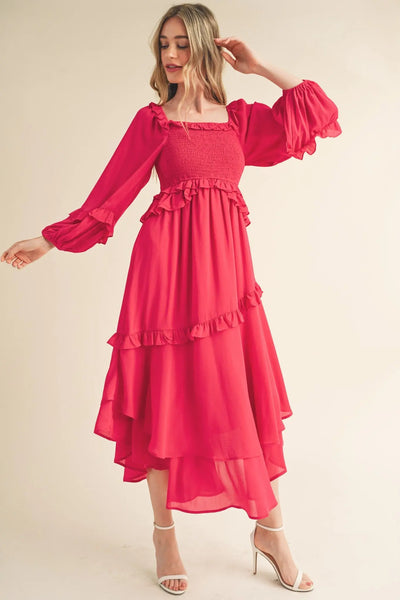 Vibrant Fuchsia Smocked Ruffle Midi Dress for Elegant Women