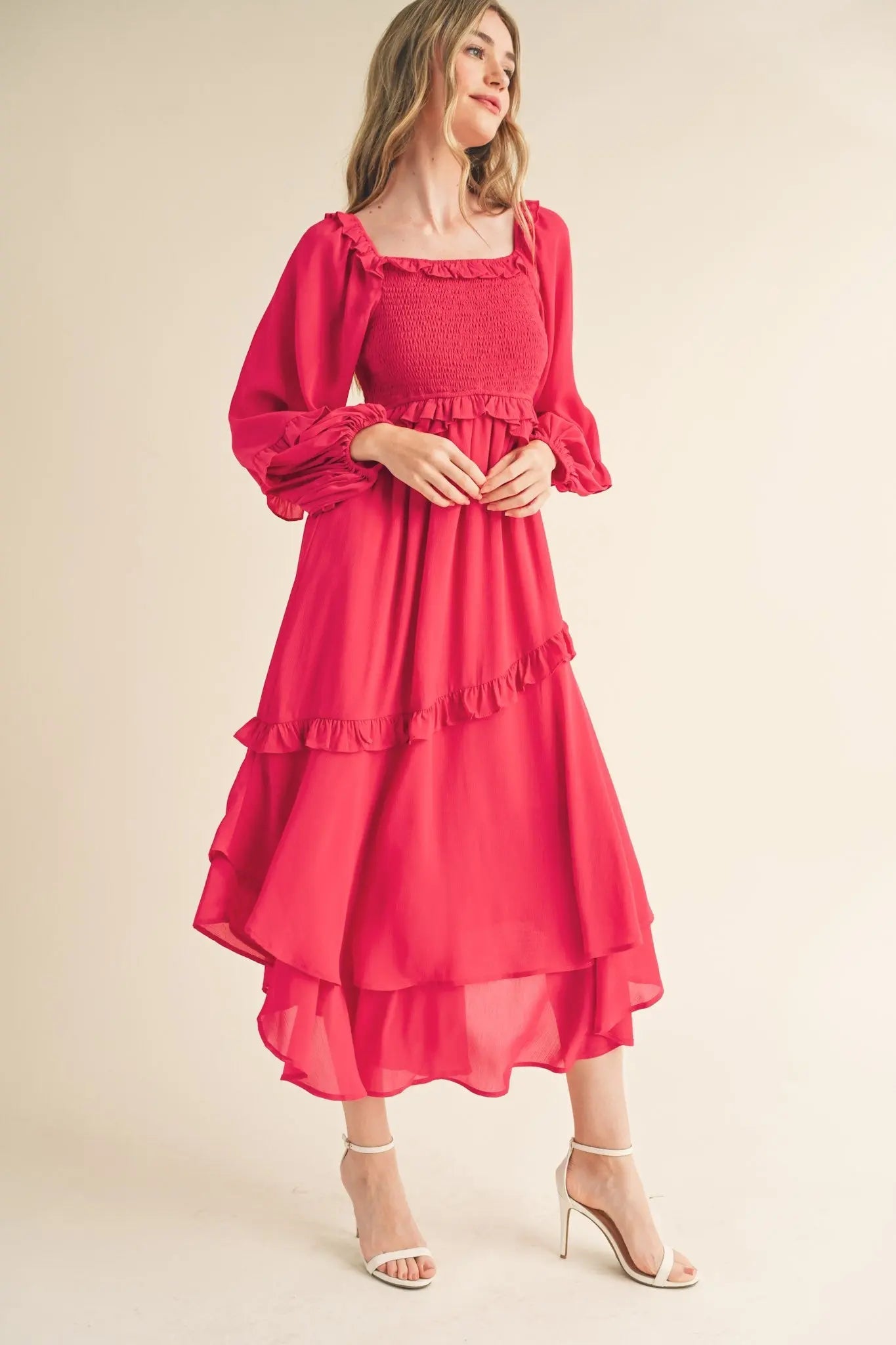 PinkBlush Vibrant Fuchsia Smocked Ruffle Midi Dress for Elegant Women - Apparel & Accessories > Clothing > Dresses