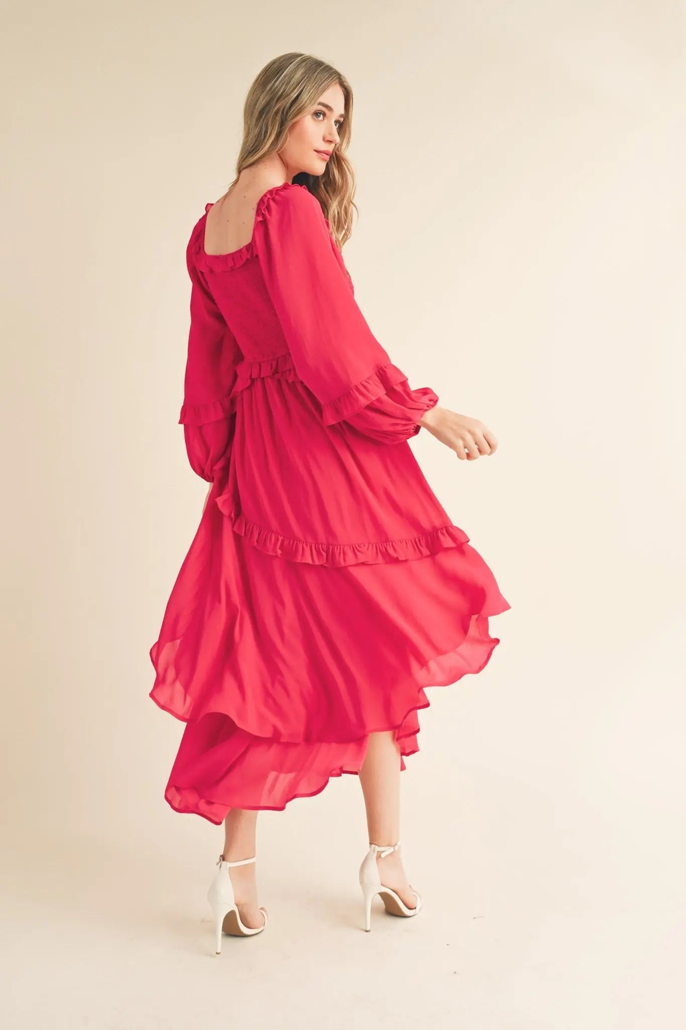 PinkBlush Vibrant Fuchsia Smocked Ruffle Midi Dress for Elegant Women - Apparel & Accessories > Clothing > Dresses