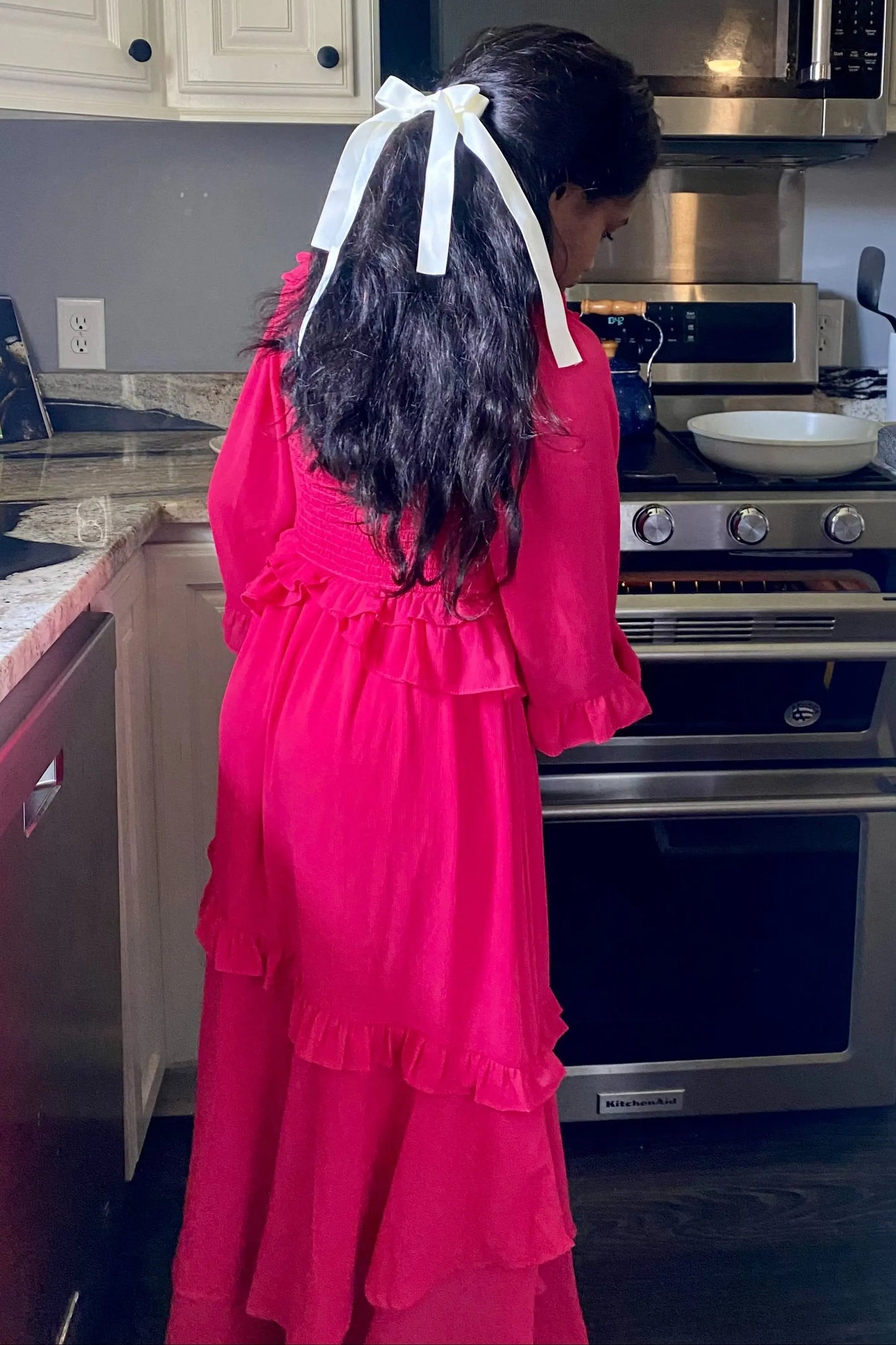PinkBlush Vibrant Fuchsia Smocked Ruffle Midi Dress for Elegant Women - Apparel & Accessories > Clothing > Dresses