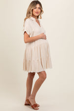 PinkBlush cream tiered linen maternity dress.