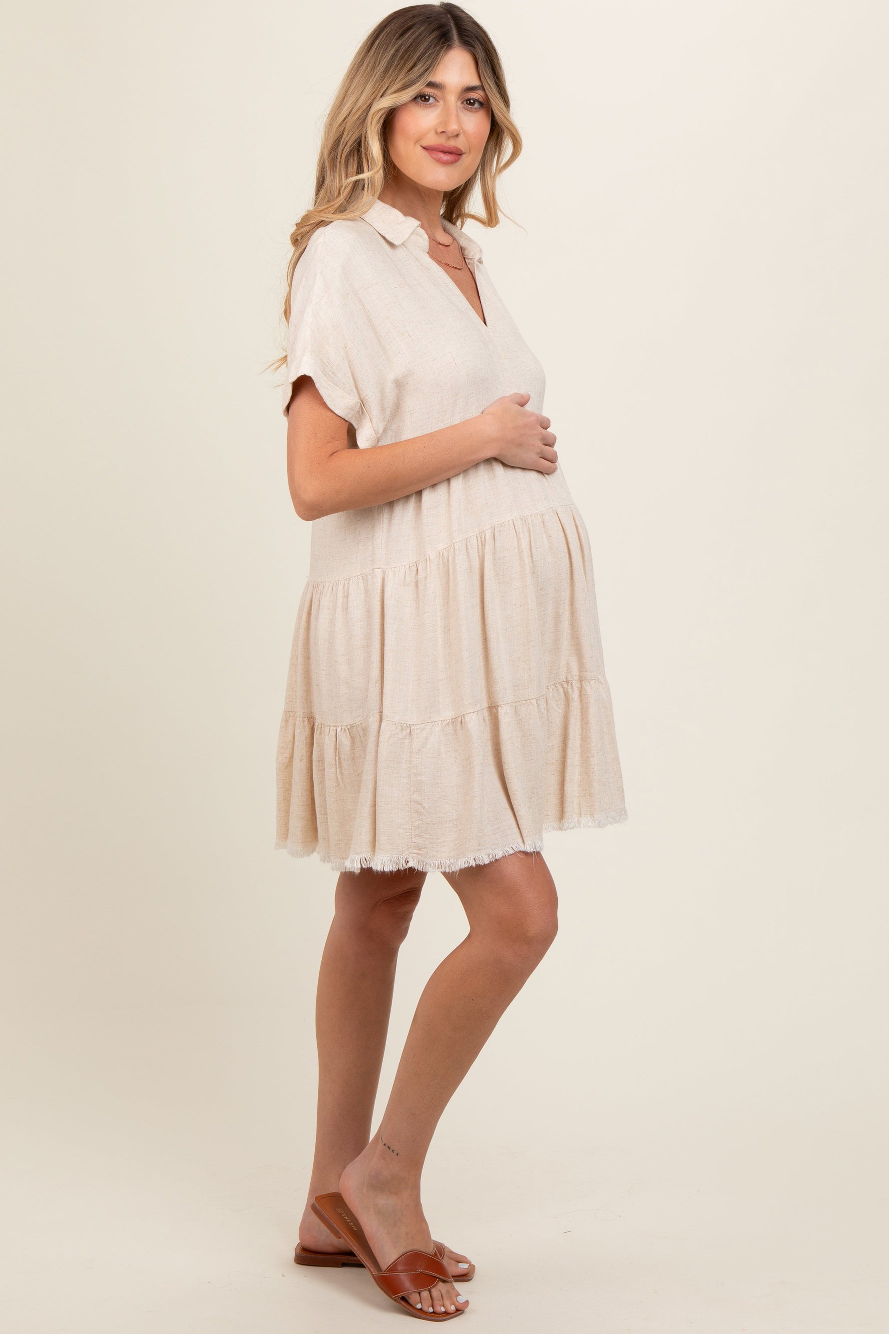 PinkBlush cream tiered linen maternity dress.