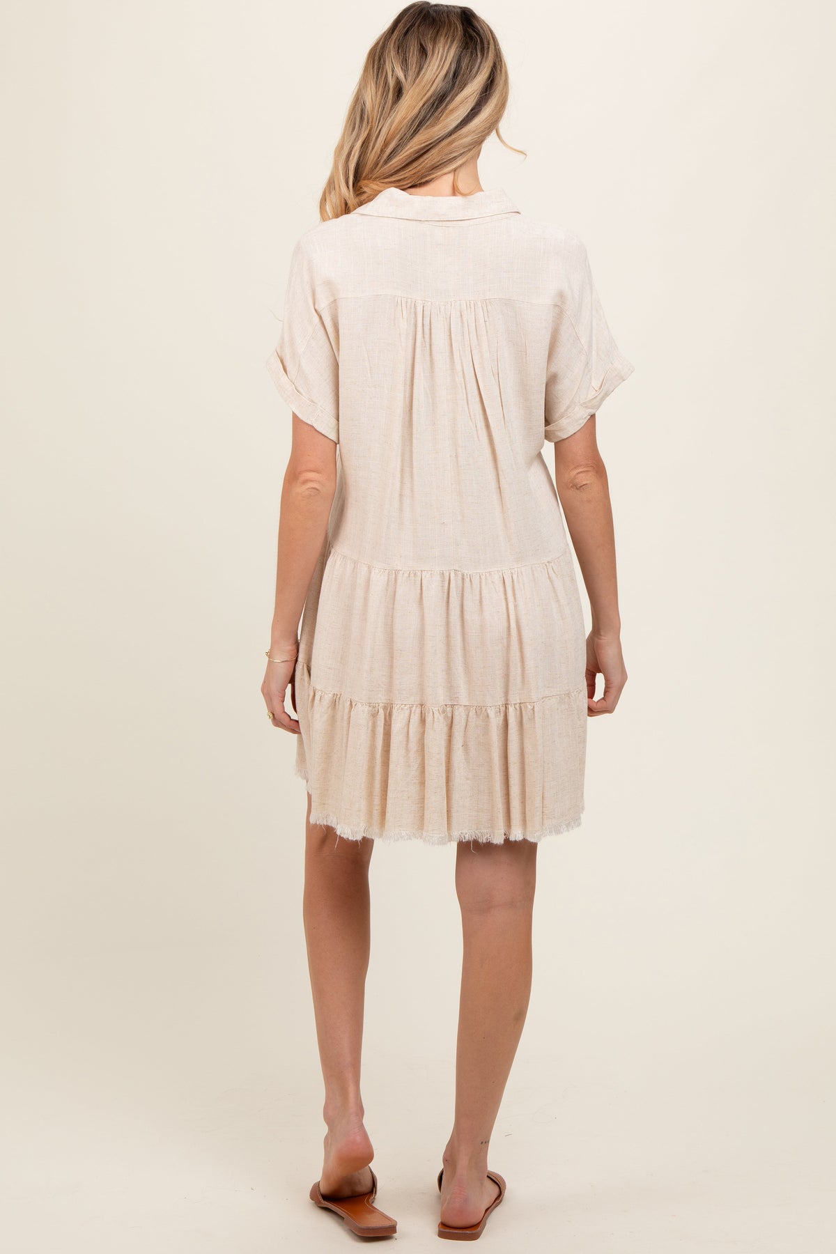 PinkBlush cream tiered linen maternity dress, flowing.