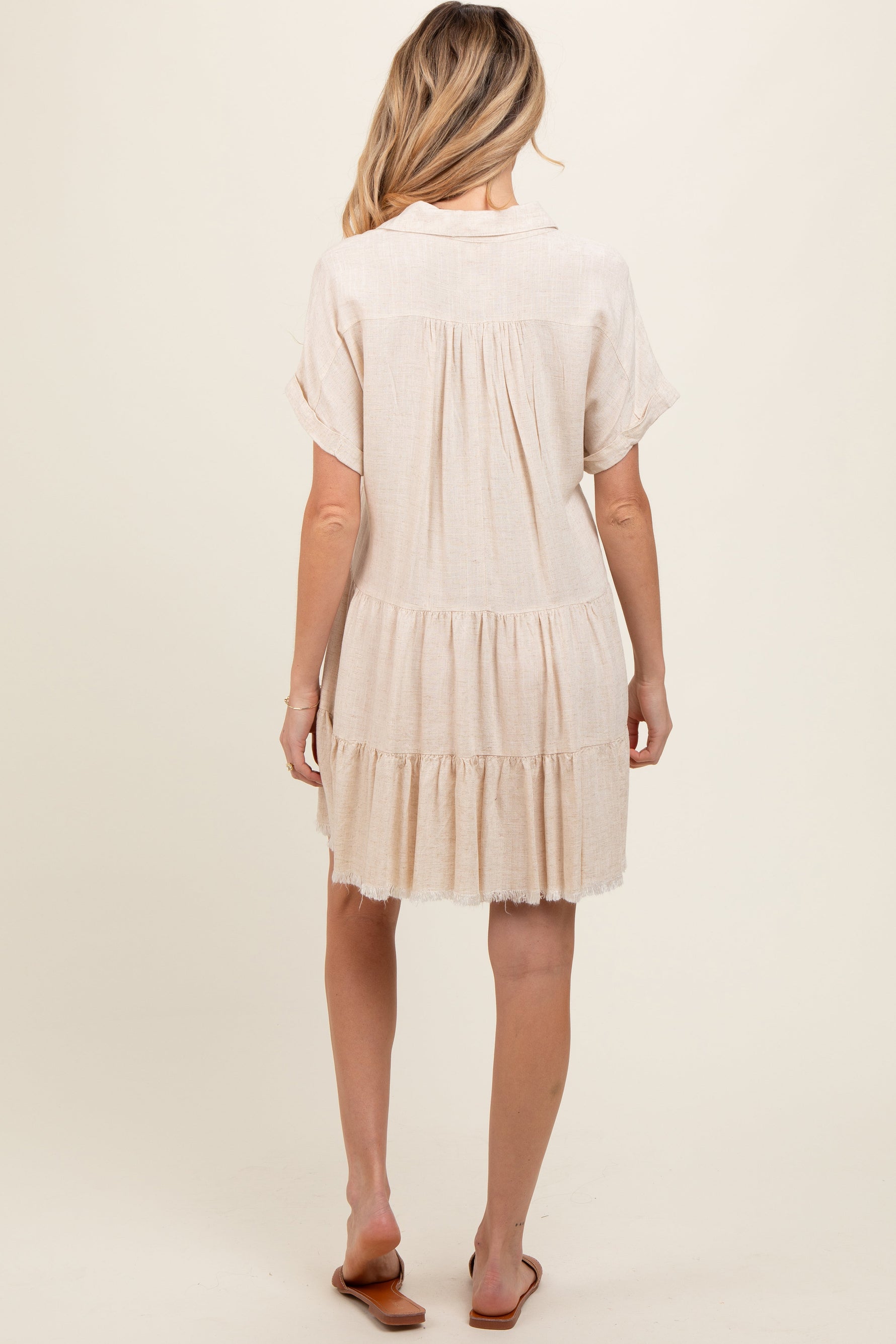 PinkBlush cream tiered linen maternity dress, flowing.