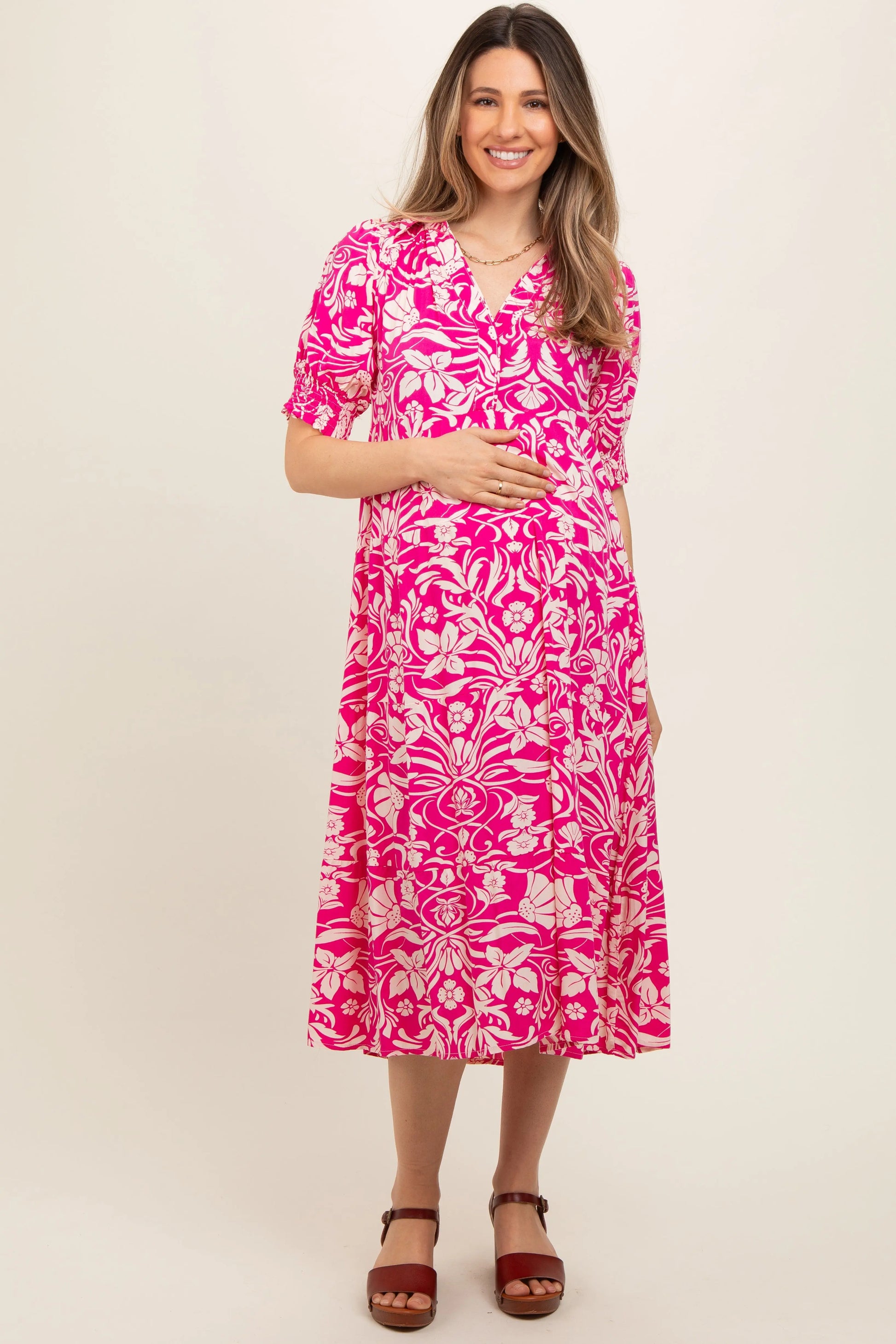 Fuchsia Floral V Neck Tiered Maternity Midi Dress PinkBlush