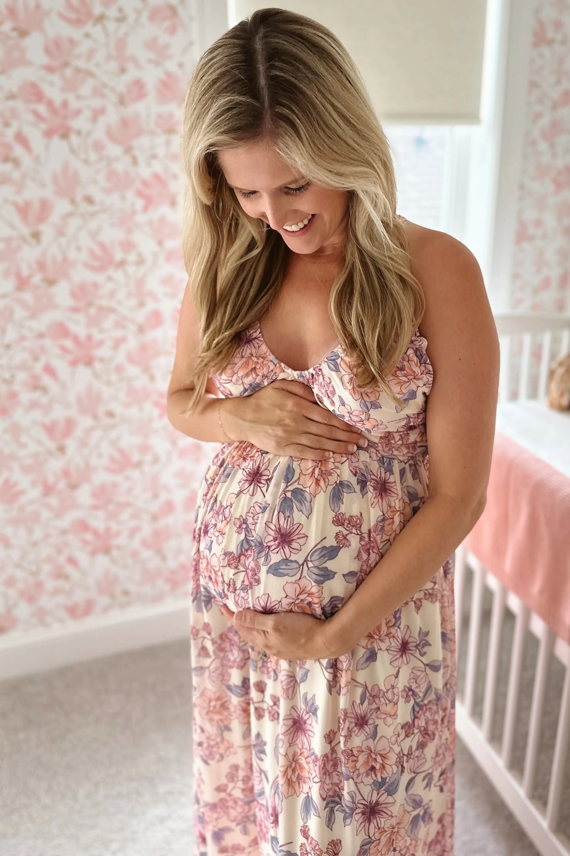 PinkBlush Elegant Pink Floral Mesh Maternity Maxi Dress for Expecting Mothers - Apparel & Accessories > Clothing > Dresses
