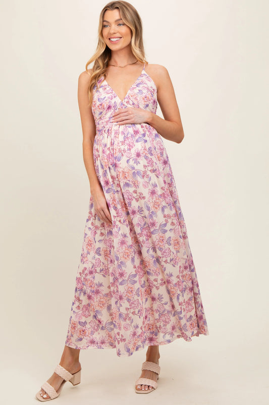 PinkBlush Elegant Pink Floral Mesh Maternity Maxi Dress for Expecting Mothers - Apparel & Accessories > Clothing > Dresses