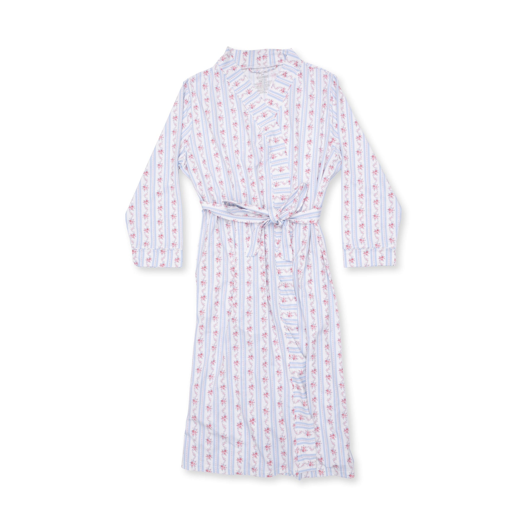 Long adult robe in Anna floral stripe print, floor-length with relaxed fit and tie belt