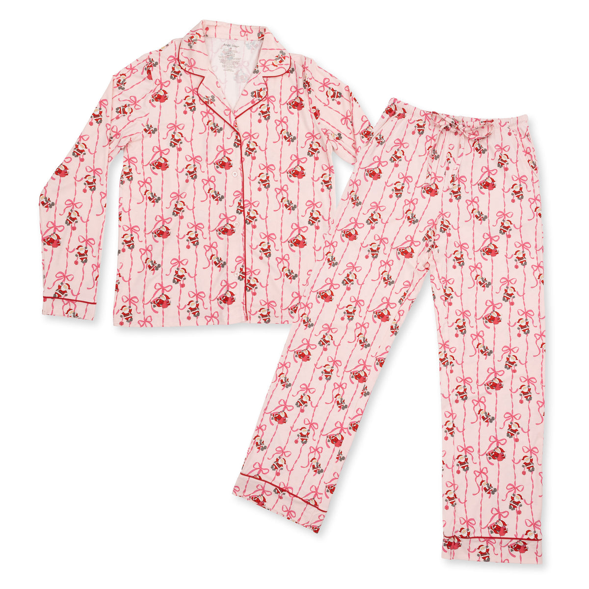 Adult long sleeve coat-style pajama top and pants in a Bows and Santa print with contrast piping