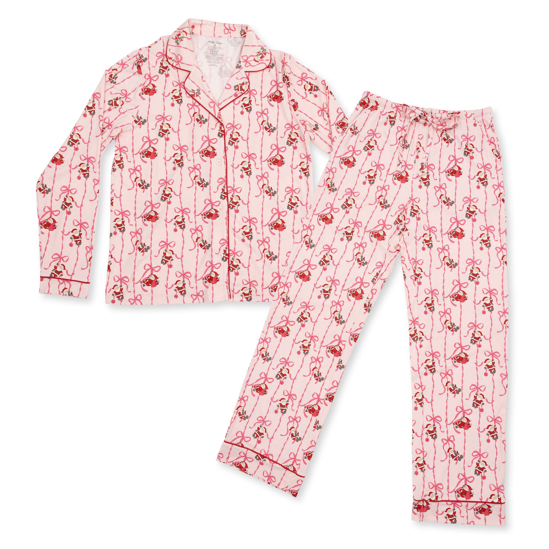 Adult long sleeve coat-style pajama top and pants in a Bows and Santa print with contrast piping