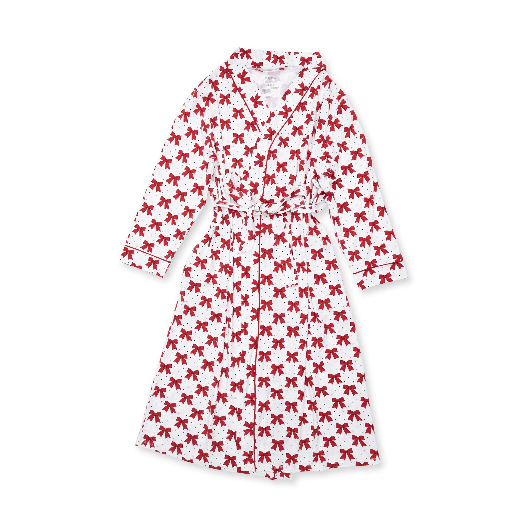 Long adult robe in a festive bow print, floor length with a relaxed fit and tie belt