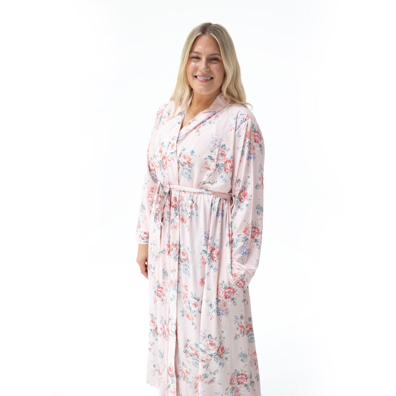 Long adult robe in a painterly rose bouquet print, floor-length with a relaxed wrap fit and tie belt.