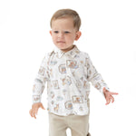 Long sleeve baby polo with full front button placket in a family cabin print, styled for cooler weather.