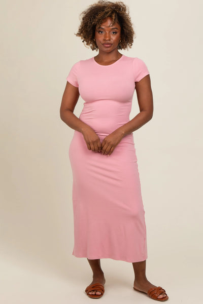Chic Pink Midi T Shirt Dress with Short Sleeves for Modern Women