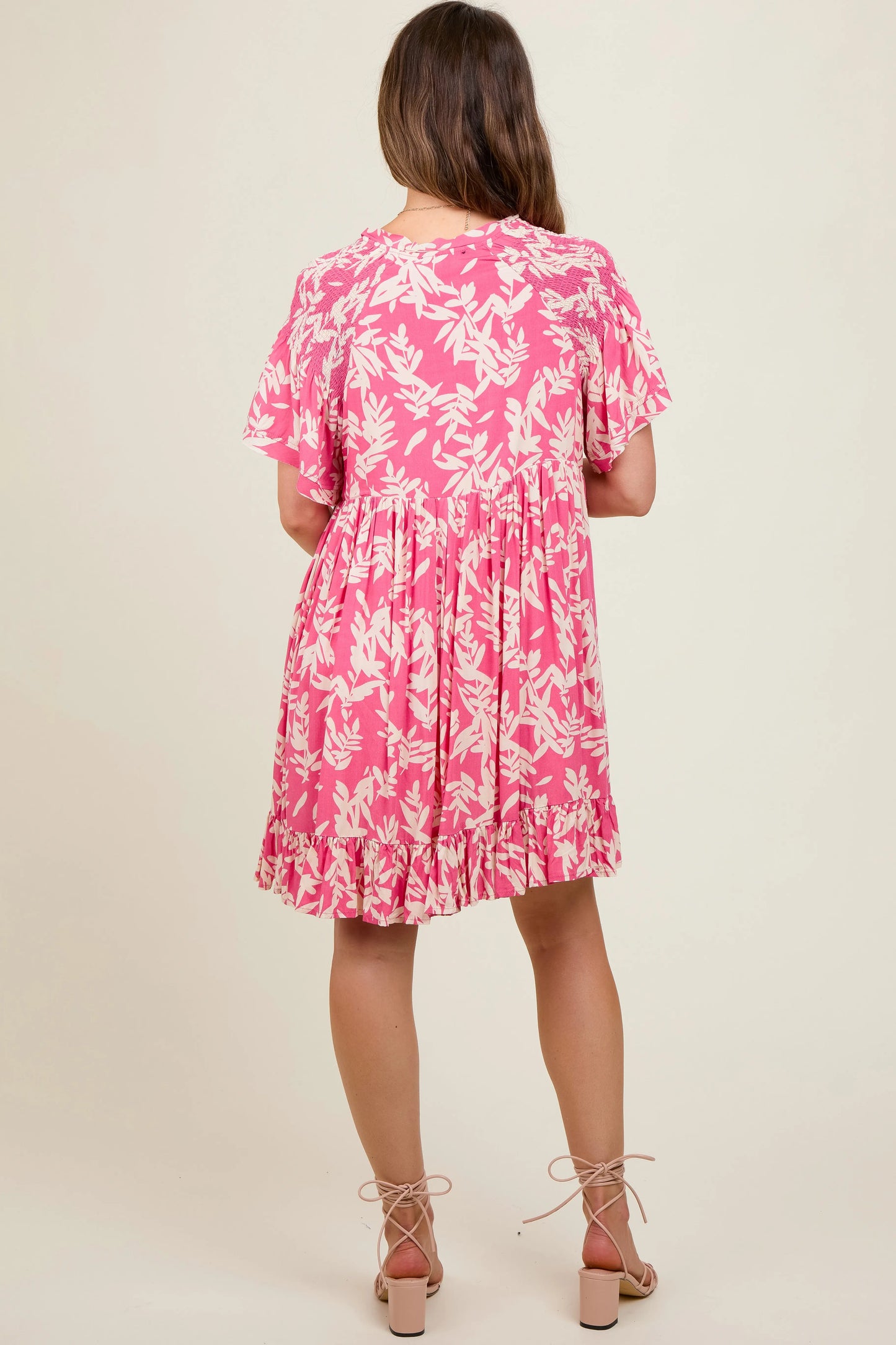 PinkBlush Stylish Pink Maternity Dress with Leaf Print for Expecting Mothers - Apparel & Accessories > Clothing > Dresses