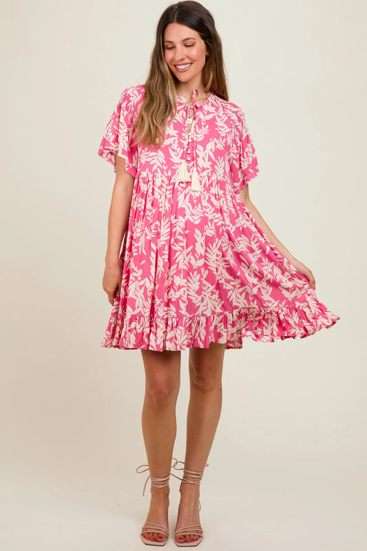 PinkBlush Stylish Pink Maternity Dress with Leaf Print for Expecting Mothers - Apparel & Accessories > Clothing > Dresses