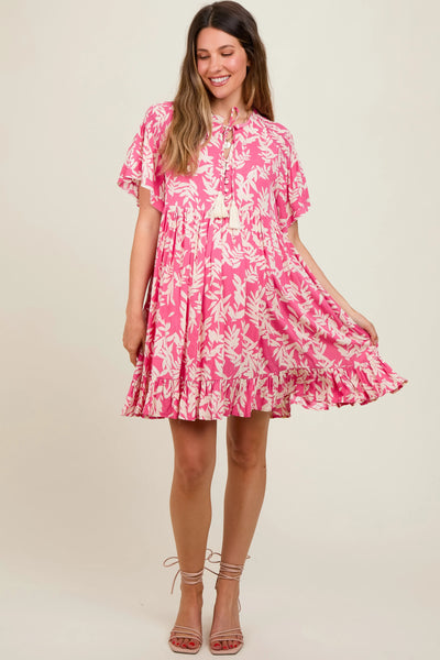 Stylish Pink Maternity Dress with Leaf Print for Expecting Mothers