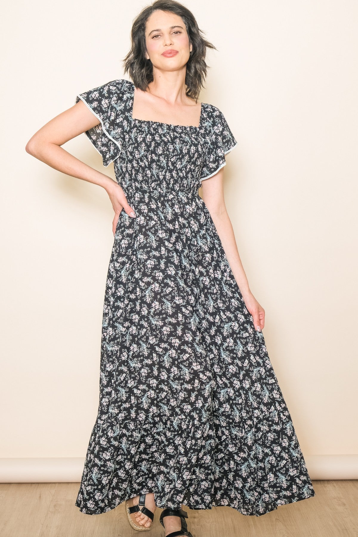 Black Floral Smocked Crochet Trim Maternity Dress by PinkBlush