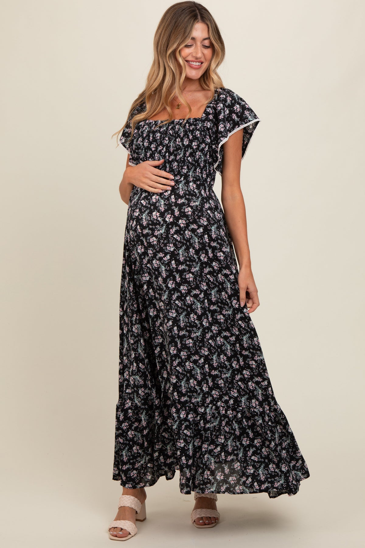 Black Floral Smocked Crochet Trim Maternity Dress by PinkBlush