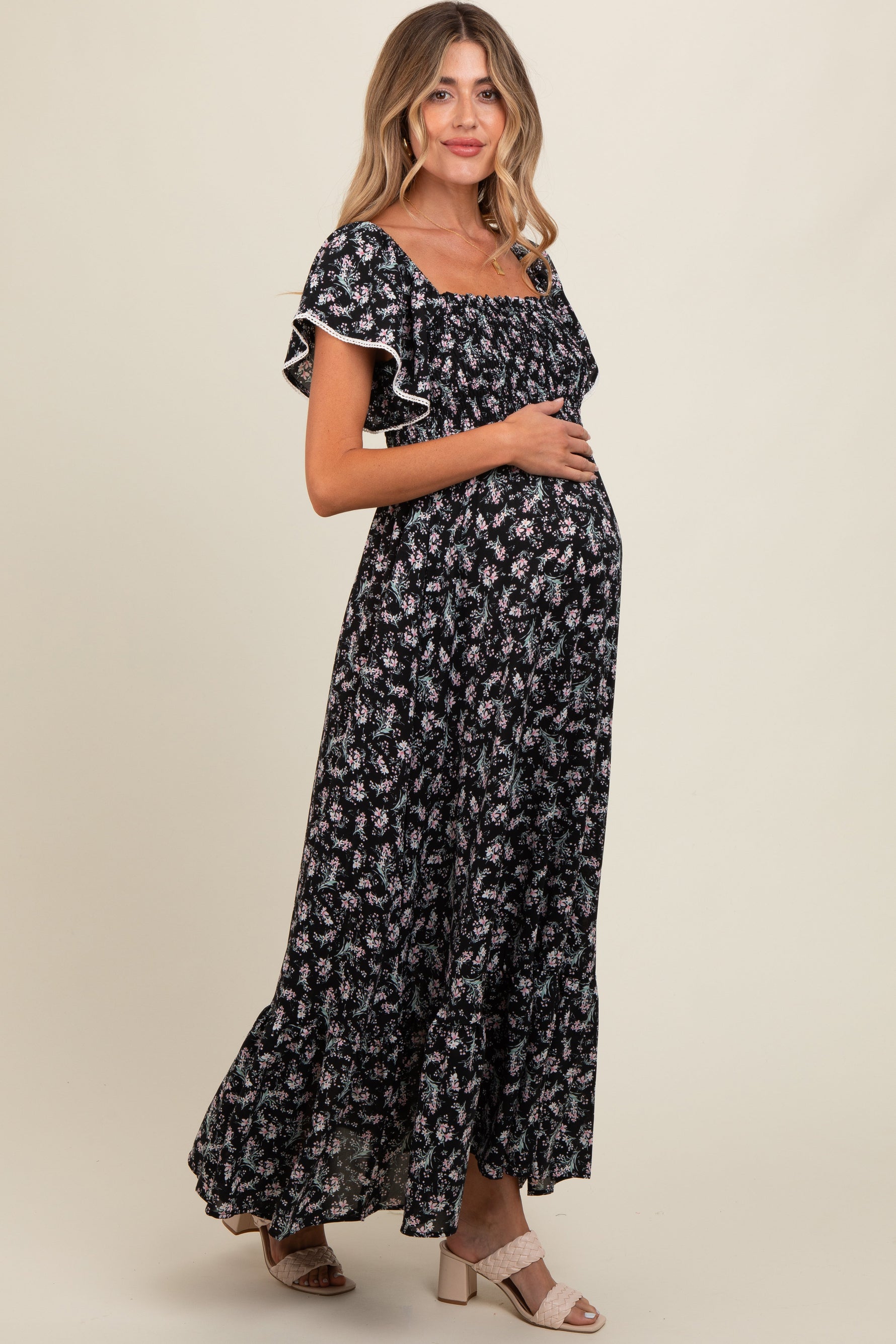 Black Floral Smocked Crochet Trim Maternity Dress by PinkBlush
