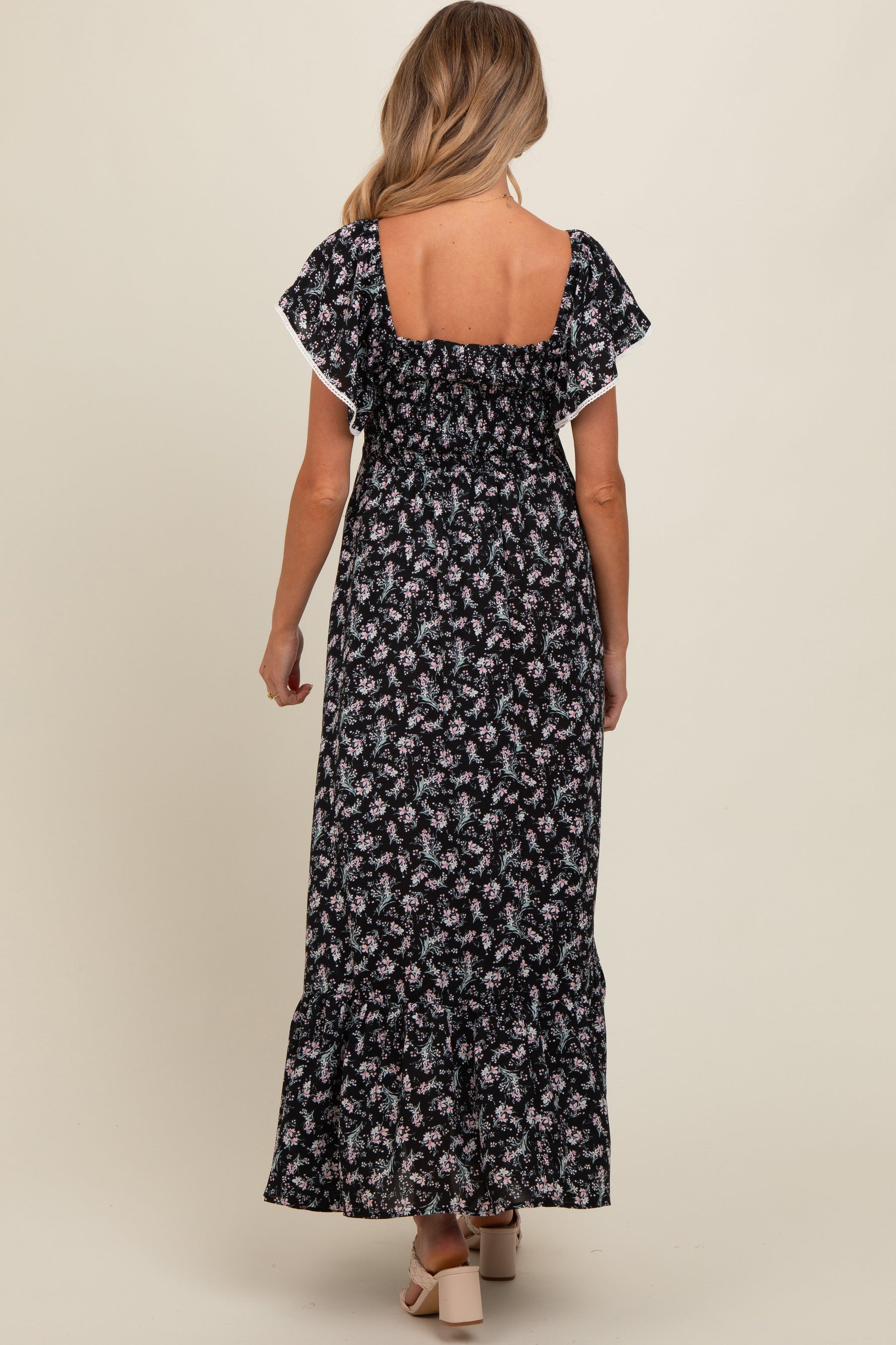Black Floral Smocked Crochet Trim Maternity Dress by PinkBlush