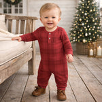 Red plaid baby romper with button Henley placket, long cuffed sleeves and cuffed legs