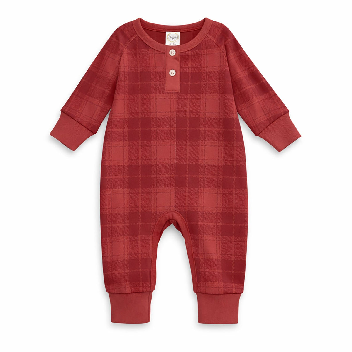 Red Plaid Baby Boy Henley Romper In Soft Cotton Rib by Tesa Babe