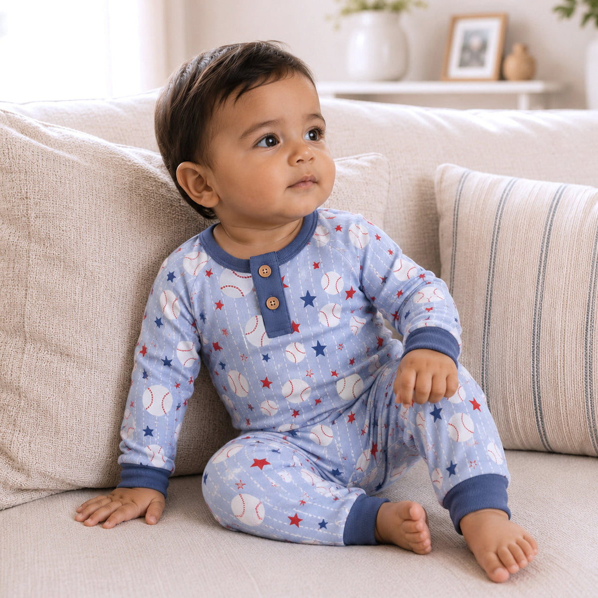 Baseball-inspired bamboo Henley romper for baby boys