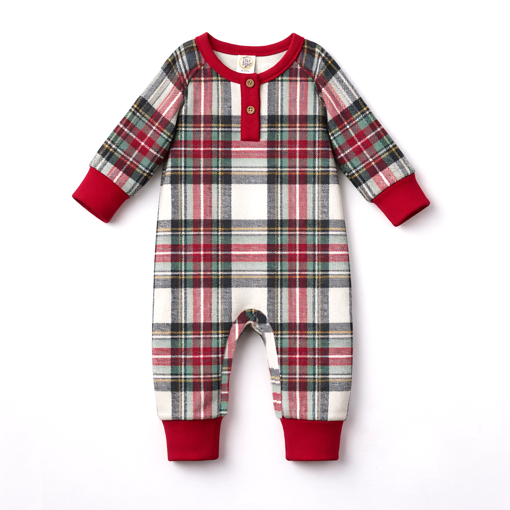 Baby Christmas Plaid Henley Bamboo Romper by Tesa Babe